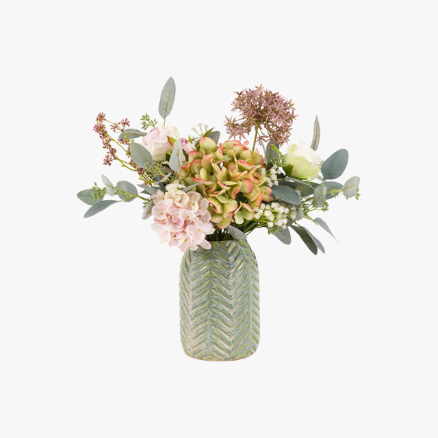 Faux Hydrangea Arrangement in Ceramic Vase