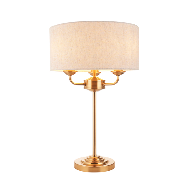 Manon 3-Light Table Lamp in Vintage Brass & Natural Linen