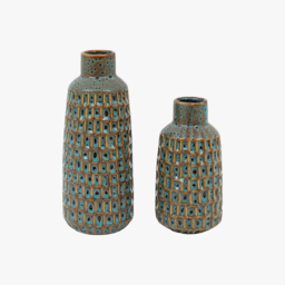 Genova Reactive Glaze Vase in Teal and Brown, Set of 2
