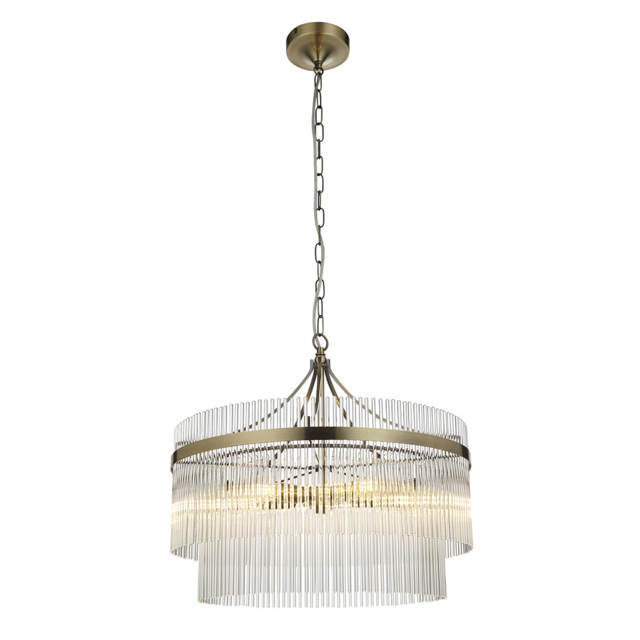 Monica Clear Glass Five Light Pendant in Antique Brass