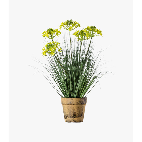 Faux Potted Grass with Five Yellow Flowers
