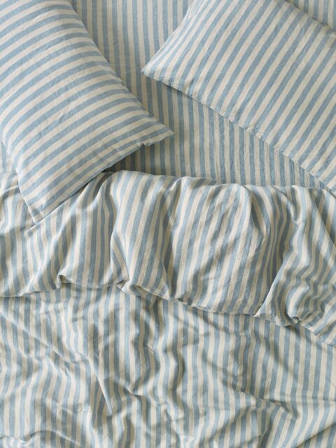 Coastal Blue Pembroke Stripe Linen Blend Duvet Cover - Single - Piglet in Bed