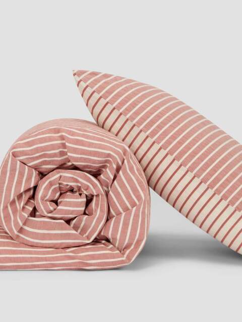 Auburn Red Texture Stripe Cotton Kids Bedding Set - Cot Size - Piglet in Bed