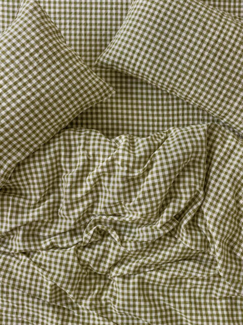Botanical Green Gingham Linen Blend Duvet Cover - Single - Piglet in Bed