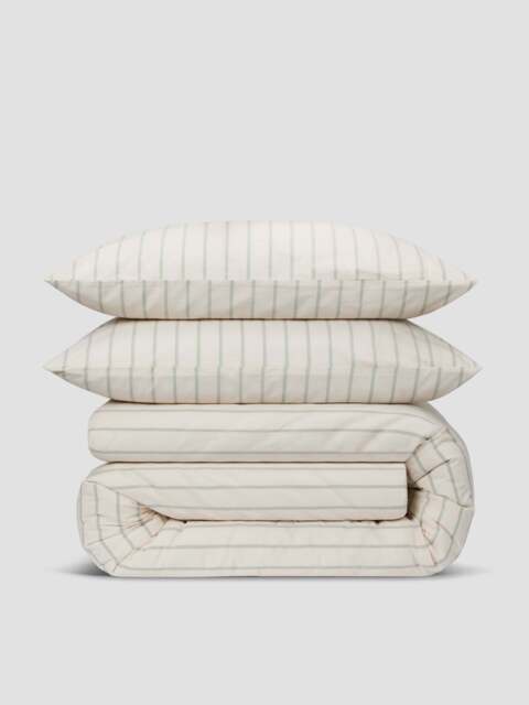 Mellow Green Slumber Stripe Cotton Duvet Set - Super King x Single - Piglet in Bed