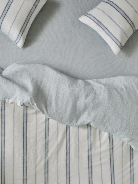 Dusk Blue Farmhouse Stripe 100% Linen Fitted Sheet - Single - Piglet in Bed