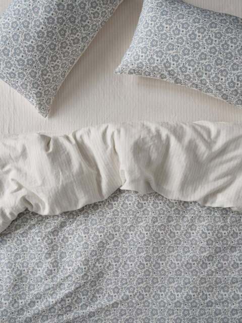 Dusk Blue Folk Floral Linen Blend Duvet Cover - Single - Piglet in Bed