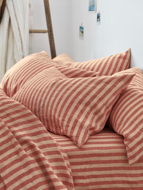 Sandstone Red Pembroke Stripe 100% Linen Pillowcases (Pair) - Standard - Piglet in Bed