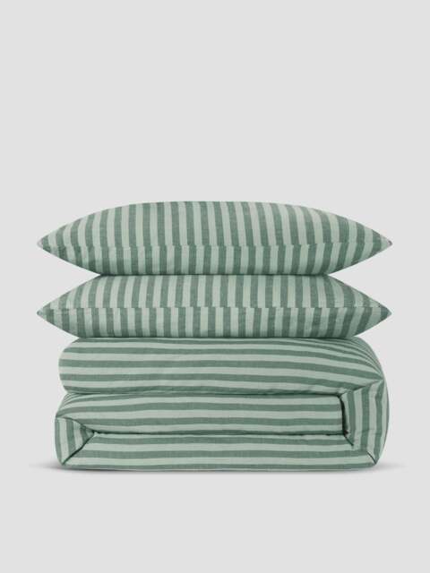 Pine Green Pembroke Stripe Linen Blend Duvet Set - Single - Piglet in Bed