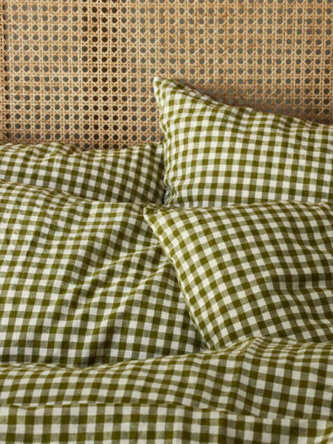 Botanical Green Gingham 100% Linen Pillowcases (Pair) - Super King - Piglet in Bed