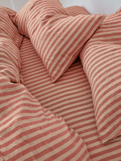 Sandstone Red Pembroke Stripe Linen Blend Fitted Sheet - Single - Piglet in Bed