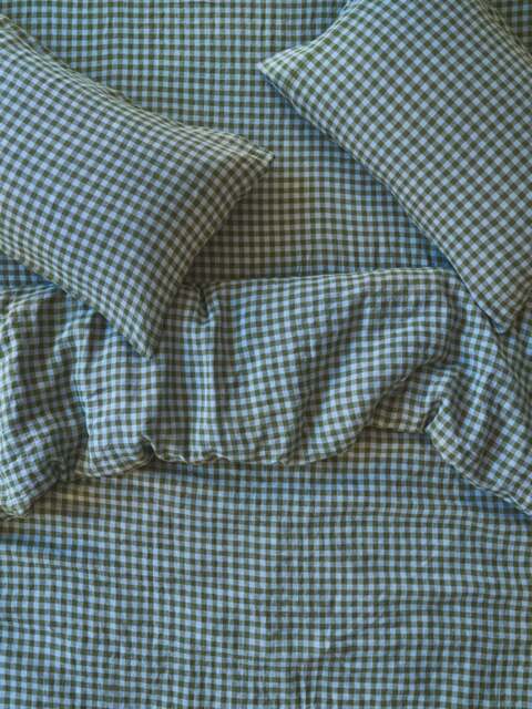 Fern Green & Dusk Blue Colour Drenched Gingham 100% Linen Duvet Cover - Single - Piglet in Bed