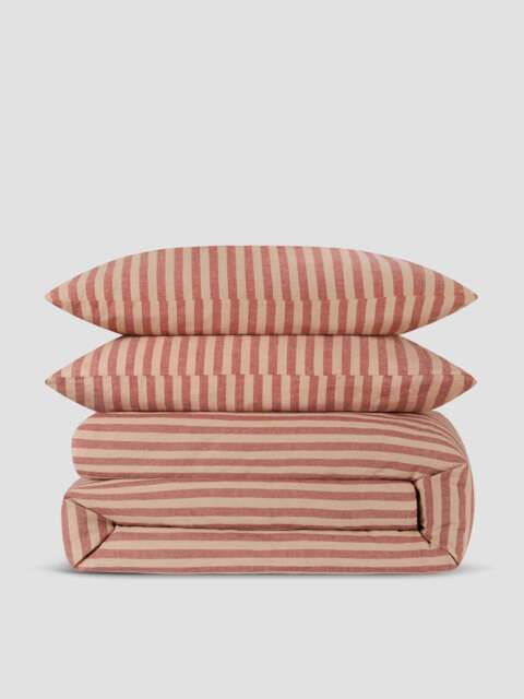 Sandstone Red Pembroke Stripe Linen Blend Duvet Set - Single - Piglet in Bed