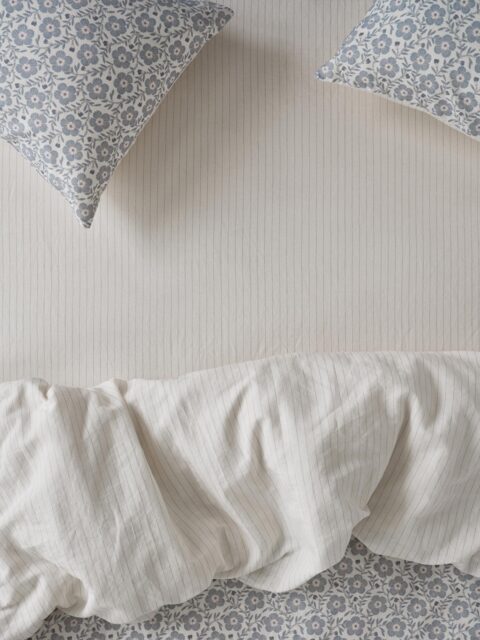 Dusk Blue Folk Stripe Linen Blend Fitted Sheet - Single - Piglet in Bed