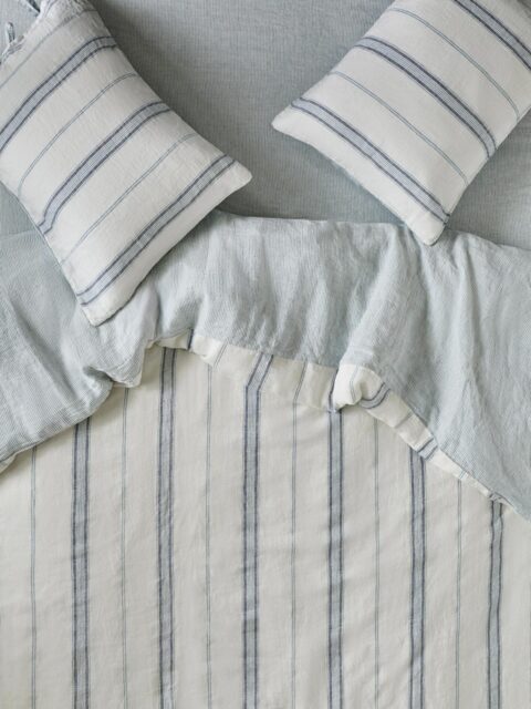 Dusk Blue Farmhouse Stripe 100% Linen Duvet Cover - Single - Piglet in Bed