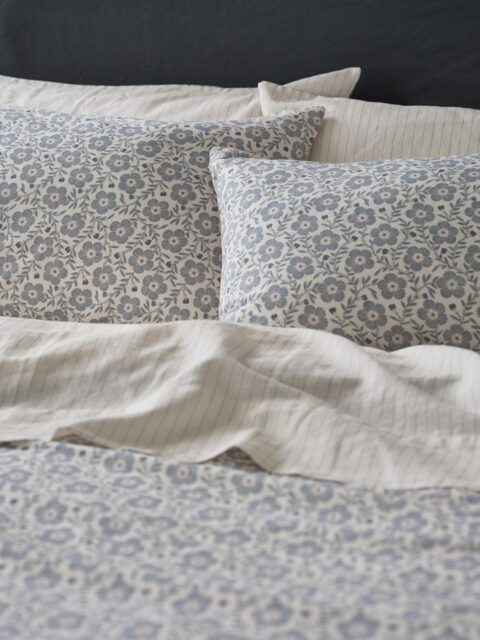 Dusk Blue Folk Floral Linen Blend Pillowcases (Pair) - Standard - Piglet in Bed