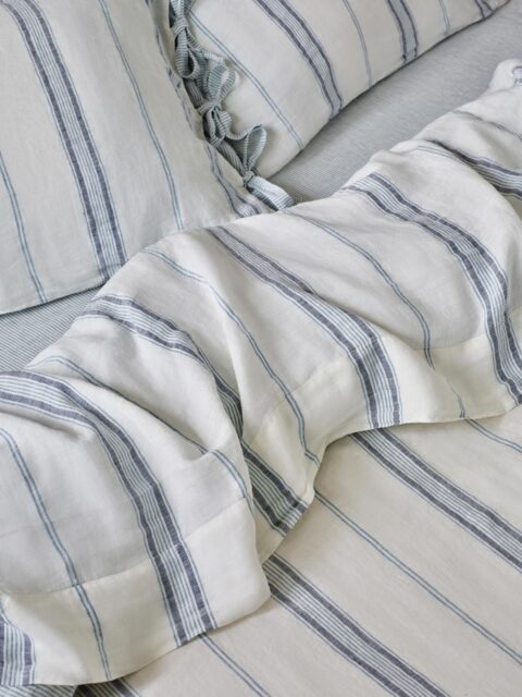 Dusk Blue Farmhouse Stripe 100% Linen Flat Sheet - Single - Piglet in Bed