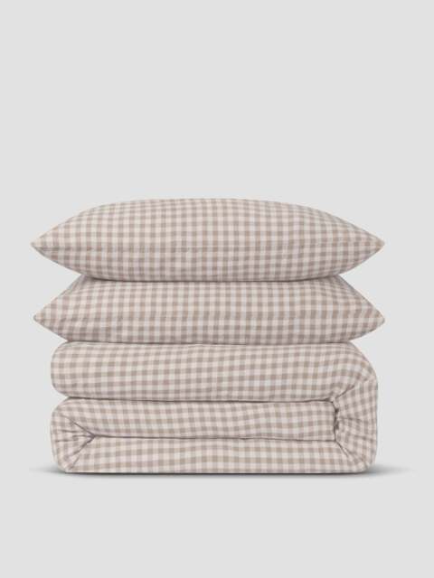Mushroom Gingham Linen Blend Duvet Set - Single - Piglet in Bed