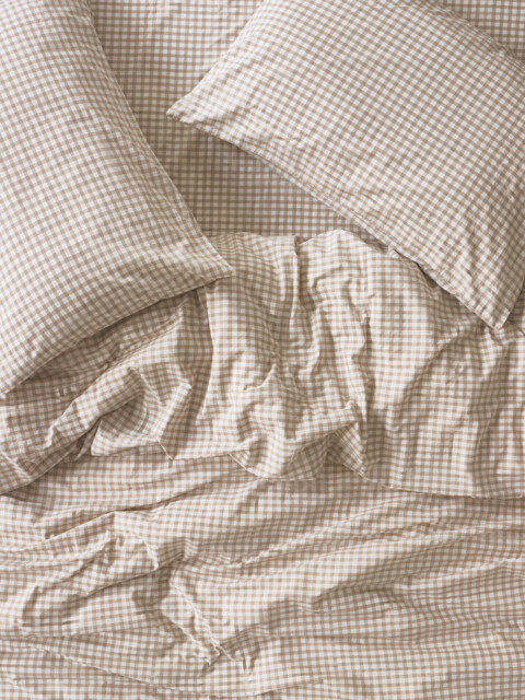 Café au Lait Gingham Washed Cotton Duvet Cover - Single - Piglet in Bed