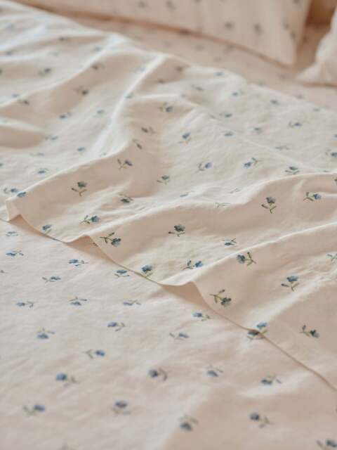 Dusk Blue Posy Bud Linen Blend Flat Sheet - Double - Piglet in Bed