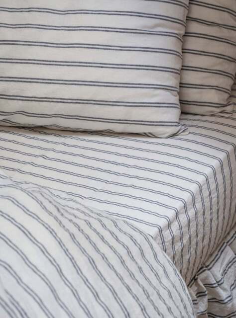 Ivory Kemptown Stripe Linen Blend Fitted Sheet - Single - Piglet in Bed