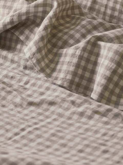 Mushroom Gingham 100% Linen Flat Sheet - Single - Piglet in Bed