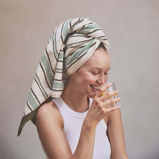 Sage Botanical Green Shoreham Stripe Cotton Towels - Bath Sheet - Piglet in Bed