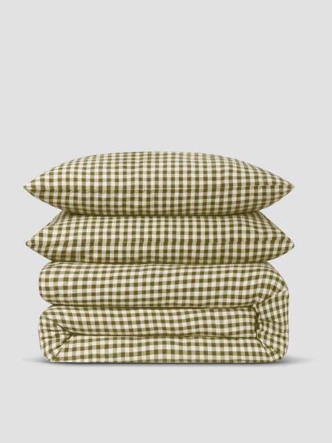 Botanical Green Gingham Linen Blend Duvet Set - Single - Piglet in Bed