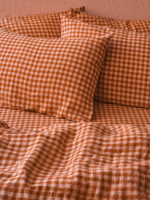Cinnamon & Peach Colour Drenched Gingham Linen Blend Pillowcases (Pair) - Standard - Piglet in Bed