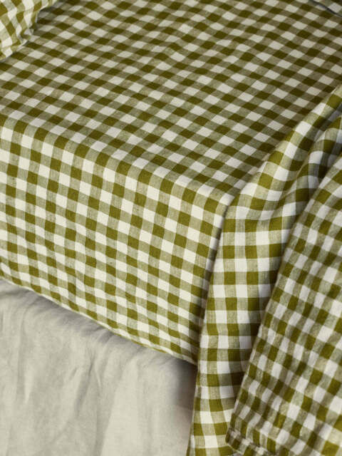 Botanical Green Gingham 100% Linen Fitted Sheet - Single - Piglet in Bed