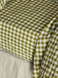 Botanical Green Gingham 100% Linen Fitted Sheet - Single - Piglet in Bed