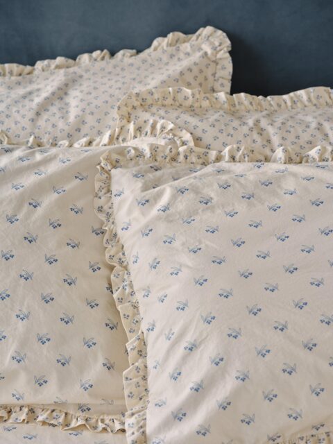 Cove Blue Martha Floral Cotton Frill Pillowcases (Pair) - Standard - Piglet in Bed