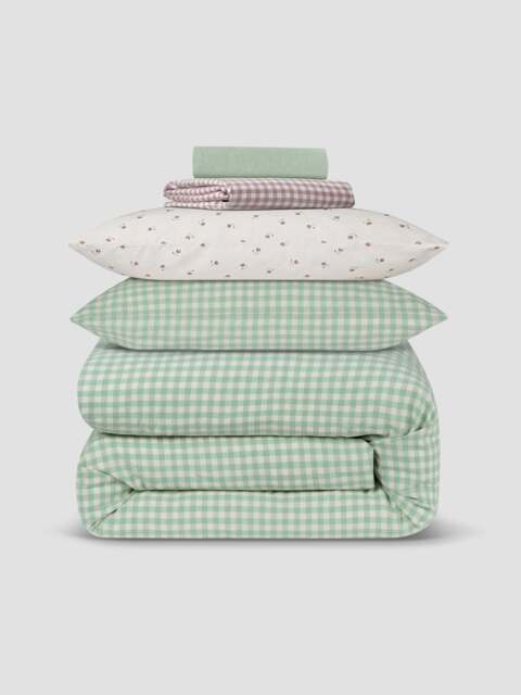 Sage Green Gingham & Posy Bud Linen Blend Bedding Set - Double - Piglet in Bed