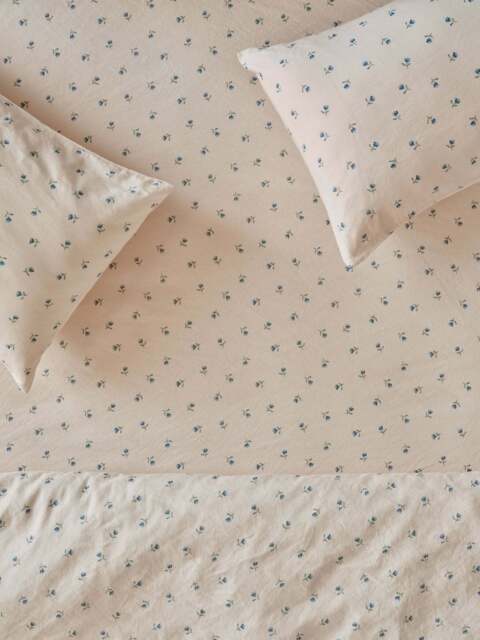 Dusk Blue Posy Bud Linen Blend Fitted Sheet - King - Piglet in Bed