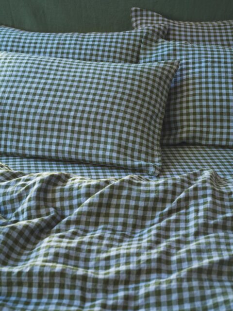 Fern Green & Dusk Blue Colour Drenched Gingham 100% Linen Pillowcases (Pair) - Standard - Piglet in Bed