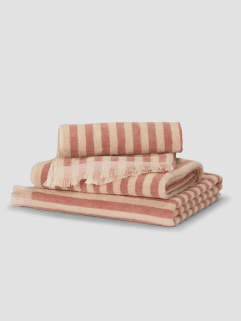 Sand Shell Pembroke Stripe Cotton Towels - Bath Sheet - Piglet in Bed