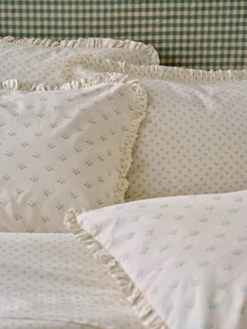 Mellow Green Martha Floral Cotton Frill Pillowcases (Pair) - Standard - Piglet in Bed