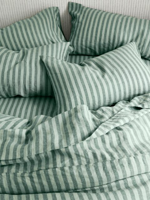 Pine Green Pembroke Stripe Linen Blend Fitted Sheet - Single - Piglet in Bed