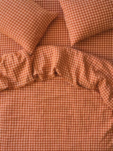 Cinnamon & Peach Colour Drenched Gingham Linen Blend Duvet Cover - Single - Piglet in Bed
