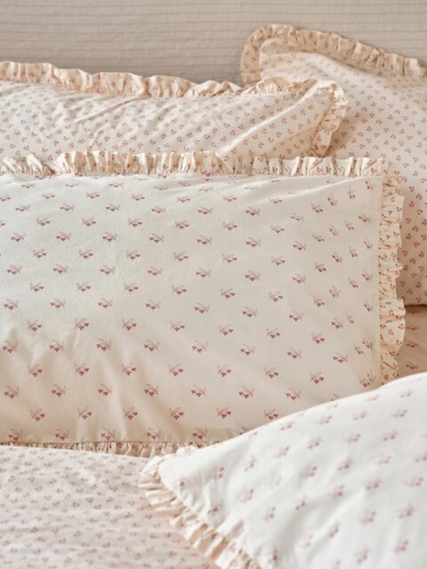 Dusty Pink Martha Floral Cotton Frill Pillowcases (Pair) - Standard - Piglet in Bed
