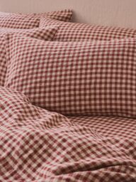 Rhubarb Gingham 100% Linen Pillowcases (Pair) - Super King - Piglet in Bed