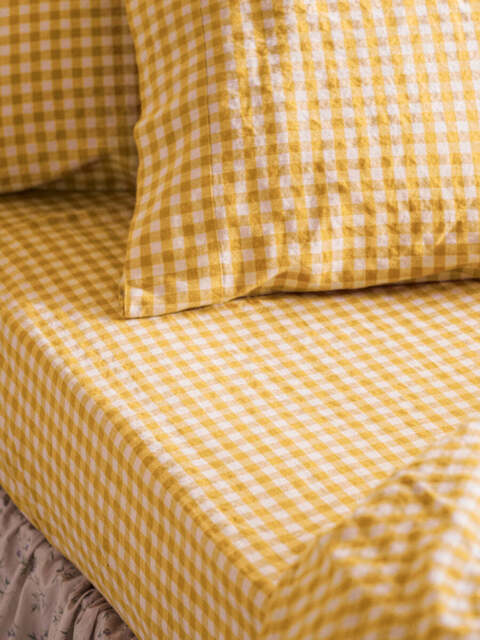Honey Gingham Linen Blend Fitted Sheet - Super King - Piglet in Bed