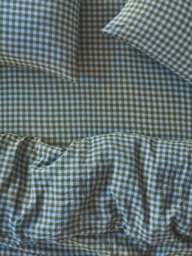 Fern Green & Dusk Blue Colour Drenched Gingham 100% Linen Fitted Sheet - Double - Piglet in Bed
