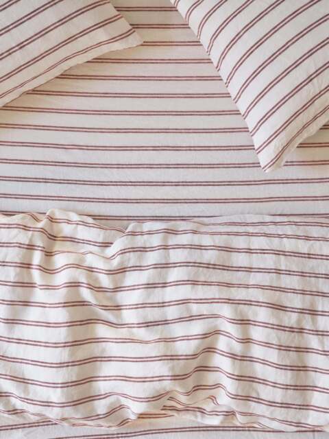 Rhubarb Kemptown Stripe 100% Linen Fitted Sheet - Single - Piglet in Bed