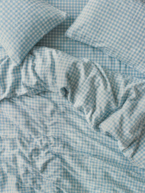 Warm Blue Gingham 100% Linen Duvet Cover - Single - Piglet in Bed