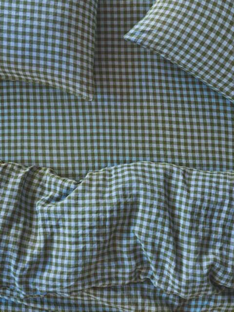 Fern Green & Dusk Blue Colour Drenched Gingham Linen Blend Fitted Sheet - Single - Piglet in Bed