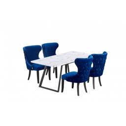 Toga Mayfair LUX Dining Set - Toga Extendable White Dining Table w/ a Set of 4 Mayfair LUX Velvet Dining Chairs - Royal Blue / White