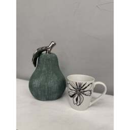 Hand-Cast Ceramic Giant Pear Sculpture - Green Textured Finish with Silver Glazed Leaf - thumbnail 3