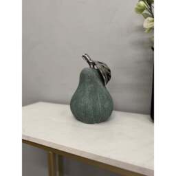 Hand-Cast Ceramic Giant Pear Sculpture - Green Textured Finish with Silver Glazed Leaf - thumbnail 2