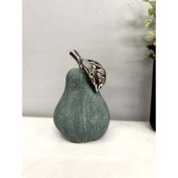 Hand-Cast Ceramic Giant Pear Sculpture - Green Textured Finish with Silver Glazed Leaf - thumbnail 4